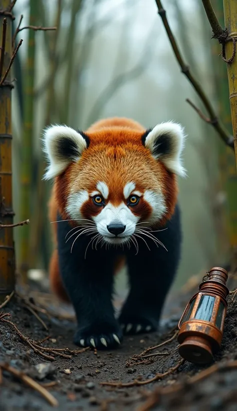 A hyper-realistic photograph of a panda with bold tiger-like stripes and piercing amber eyes. The creature prowls through a bamboo forest overrun with decay, the stalks cracked and leaning. Patches of the forest floor are covered in dark mud, and shattered...