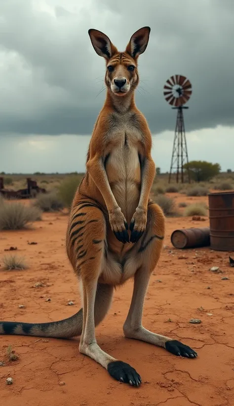 A hyper-realistic photograph of a kangaroo with the muscular build and striped pattern of a tiger. It stands upright in a barren outback landscape, its powerful tail coiled like a whip. Scattered remnants of old steel machinery and rusting barrels dot the ...