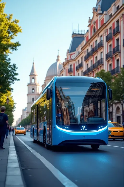 Gran Vía Madrid blue Tesla bus