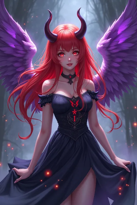 Anime readhead girl demon purple angel wings