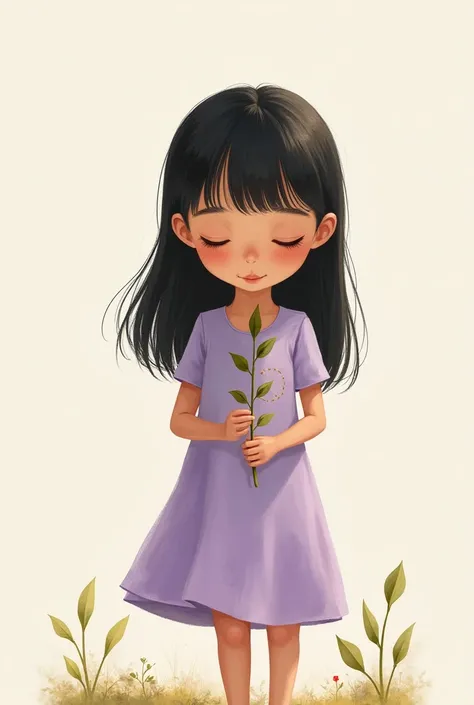 A ten-year-old girl with straight black hair ,  long and fringed holds a plant sapling .  She is standing and wearing a little lilac dress with a watercolor effect and a drawing shape 