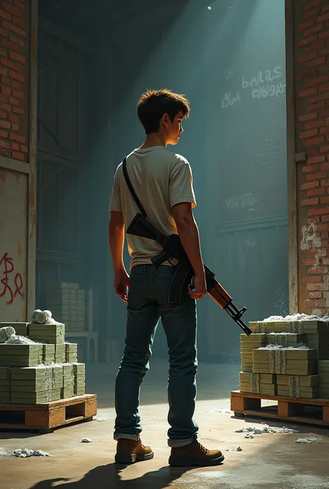 
A young guy Medium build, brown hair with tattoo turn around holding an Ak-47, standing in a hangar, a pallet with money on one side, a pallet with cocaine on the other side, graffiti style writing on a brick wall that you can see BALTAS KOKSAS