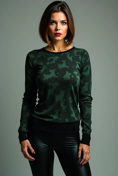 Jolie et attirante femme, athlétique, cheveux bruns courts et raides, 40 ans, visage sérieux, . eye-liner noir, lèvres rouges foncées. corps droit . Sweater à motif noir et vert, leggings noirs en Lycra 