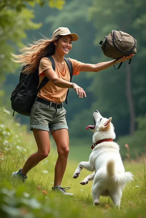 Natural image of a woman throwing a backpack towards a white dog