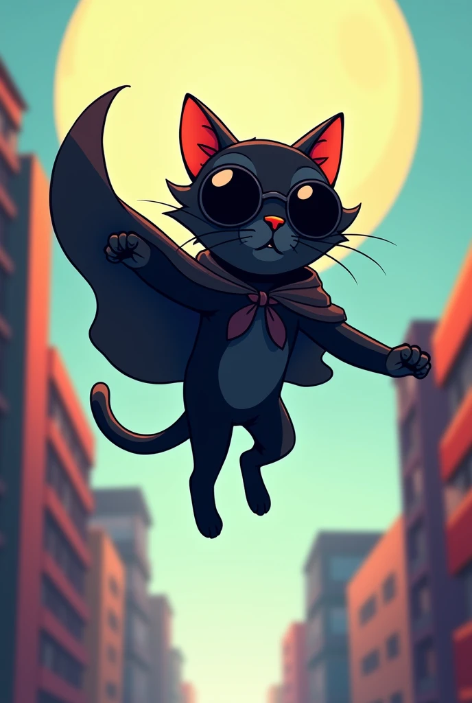 A cartoon of a modern black cat flying with black lenses and a cape