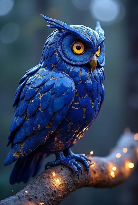 An ultra HD 9:16 image of a majestic owl entirely made of Lapis Lazuli gemstones, its feathers composed of deep blue polished stone with golden veins, standing on a branch made of shimmering crystal, in a magical twilight forest setting. The background is ...