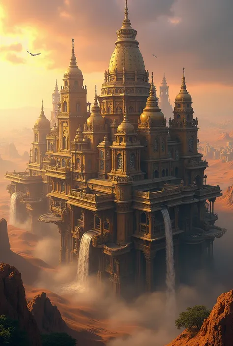 A majestic, mobile city inspired by Indian architecture, moving across a vast desert with an air of grandeur. The city combines ancient Indian design and modern steampunk engineering, with towering gopurams and intricate sandstone carvings of deities, myth...