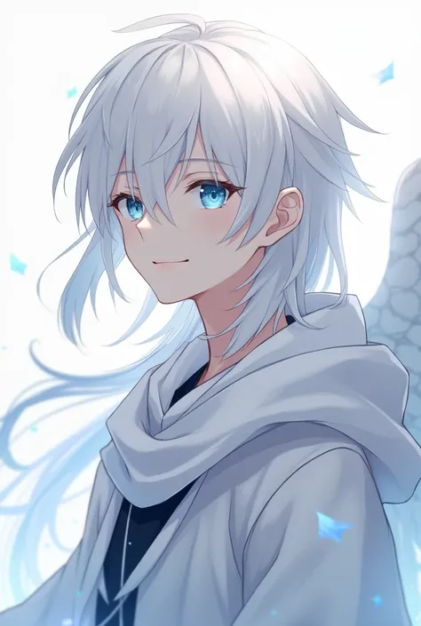 " A 25-year-old male anime character ,  with a striking and angelic appearance . He has albino skin ,  long white hair , smooth and loose,  that falls elegantly around his face . Their eyes have blue pupils that convey a mysterious and attractive air.  The...