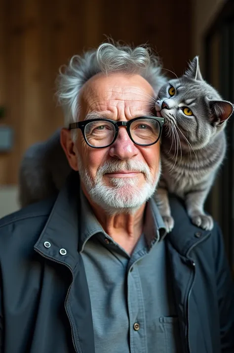 Realistic photograph of a Bold guy around 70 years old. Caucasian German. Glasses.  A little overweight.  On his shoulder is a gray cat licking the man his ear.