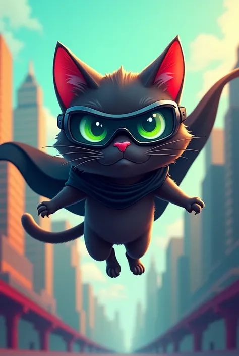 A cartoon of a serious modern black cat flying sideways with green eyes, black sports lenses and a cape.