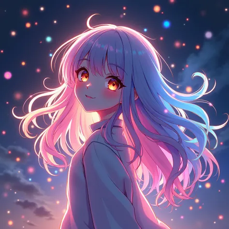 Une jeune fille deesse aux cheveux long et de couleur arc en ciel lumineux, elle est entouré dune aura couleur arc en ciel lumineux, elle rit aux eclats en flottant dans lair. Il y a des effets de pixels autour delle. Ses cheveux sont de toutes les couleur...