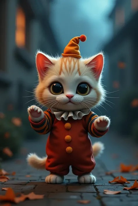 A small cat standing facing forward with its front legs raised。Dressed as a Halloween clown。A little creepy atmosphere。
Big eyes with a cute, human-like expression。Slightly larger head than body。limbs are short。
very cute。Glossy texture。
The background is ...