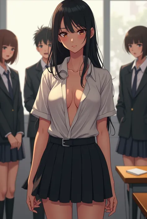  Slim teenager with huge tits , and medium cumo ,  dressed in a slightly unbuttoned white shirt showing their big breasts, and a black school uniform .  In the center of the room , And the students look at their big breasts