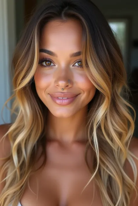 A young and cool woman with brown skin and brown eyes,  with long, wavy hair in shades of blonde and caramel . The facial expression is happy and sexy ,  with shades of natural makeup highlighting her pink lips .  Highlighting her plentiful and big boobs. ...