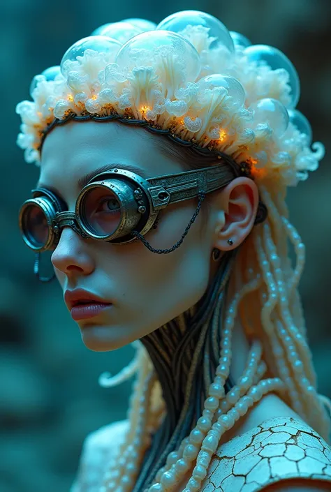 Ethereal Cyborg Woman, bioluminescent jellyfish tiara. Steampunk goggles merge with translucent tentacles. Cracked porcelain skin meets iridescent scales. Mechanical implants and delicate tendrils intertwine. Human characteristics with an otherworldly glow...