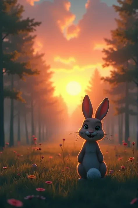 An injured animated rabbit watching a new dawn
