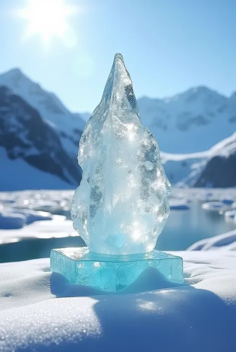  A shimmering ice sculpture ,  that sparkles like a diamond in sunlight ,  stands on a snow-covered plateau .  crystal clear drops of melting water fall down from the brand,  while in the background a mighty glacier and rugged , Icy mountains can be seen .