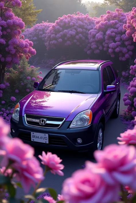 Honda CRV 2003 purple, low loading style. Parked in the middle of a garden of purple roses.