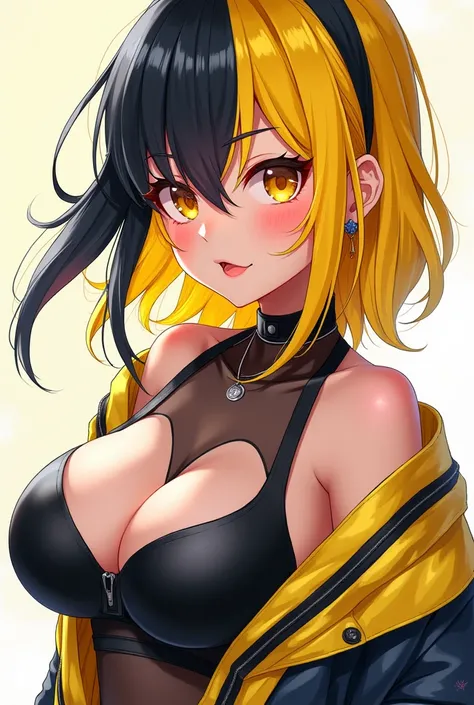 An anime girl with big boobs and her hair dyed yellow and black 