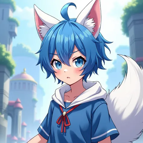 anime, blue hair boy, With white jet ears and white wolf tail 