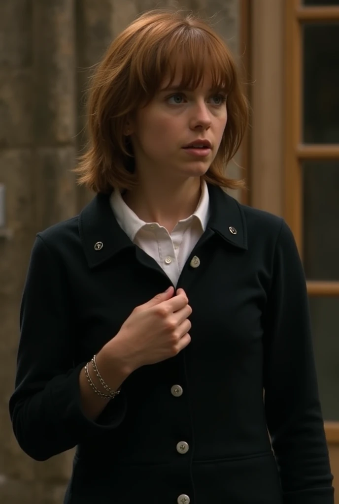 Hermione Grenger from Harry Potter unbuttoning her shirt (You can see a black tit )