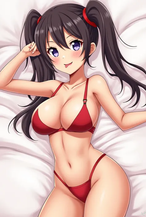 An anime girl whit big boobs, tongue out and whitout panties