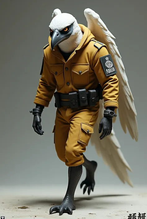  create a garuda character image  (wingless ) with PDL Penitentiary uniform,  walking as if he had completed a war assignment