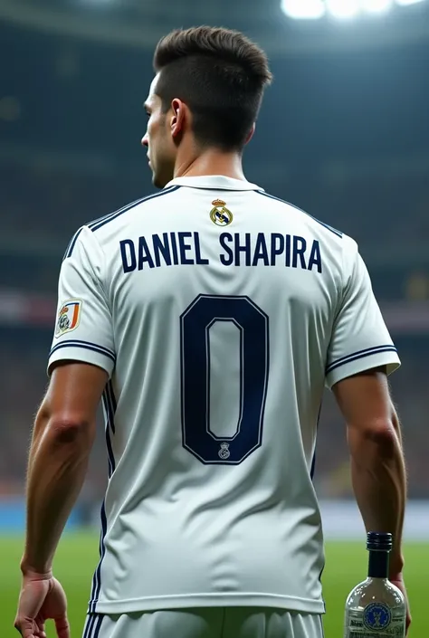 Real madrid shirt with the number 0 and name Daniel Shapira on player that hold a bottle of vodka