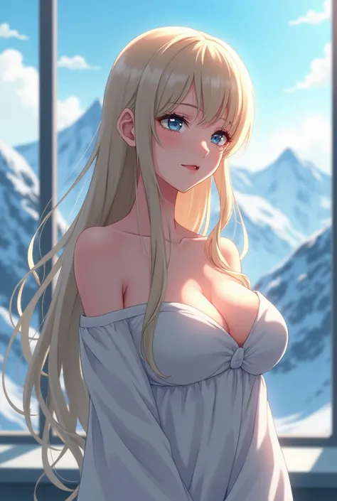  an anime of a very white woman looking to the side ,  pretty with delicate features , small nose, slightly closed eyes and large round mouth , very long straight blond hair , fringe,  very large breasts ,  with a view of snowy mountains behind a glass win...