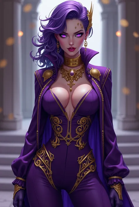 Create in a lateral pose -fullbody a depiction of an elite woman character in anime style ghost in the Shell embodying power, opulence, luxury, evil, and oppression. The character has piercing purple eyes that exude dominance and a confident, menacing pres...