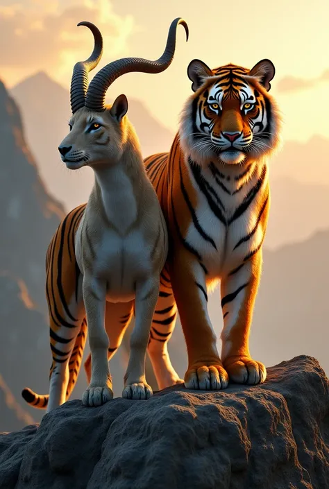 " A photorealistic image of a majestic tiger and a powerful creature in Capricorn style,  standing side by side on a harsh mountain peak at dawn . The tiger is smooth and muscular ,  his amber eyes glow with intensity ,  and Capricorn has the body of a goa...