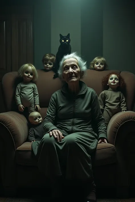 Terrifying elderly woman sitting on a couch with a crooked neck looking at the viewer with a small smile, with many dolls behind and with a cat on top of the furniture 

