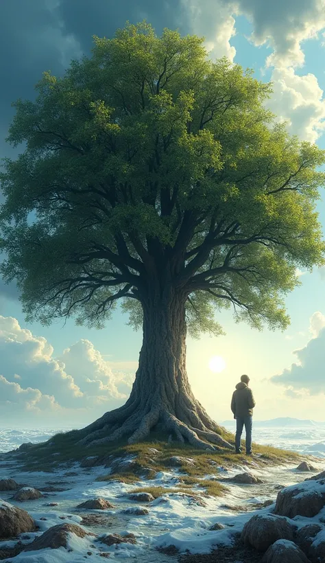  A large, strong tree in the center ,  with deep roots on firm ground . around,  storm scenes , bright sun and snow ,  showing that the tree remains resilient and unshakable .  A nearby human figure observes the tree with admiration and inspiration.