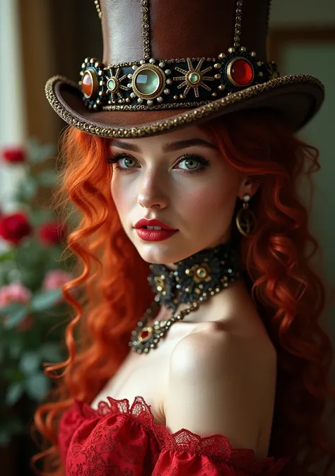 Create a stunning woman, green eyes, detailed eyelashes and eyebrows, red mouth, long curly red hair tied on one side of the head, intricate and detailed brown leather top hat with gears and jeweled embellishment, wearing a red cyberpunk style dress with V...