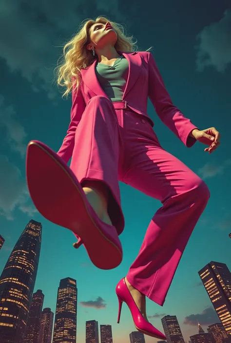 masterpiece, Best Quality), 8K Wallpaper, Very detailed, poster, ancient poster, 1990s, a sexy giant blonde CEO crushing people with her shoes, and on her back over a small night city of skyscrapers,pov angle, loubottin shoes, cinematic movie poster, light...