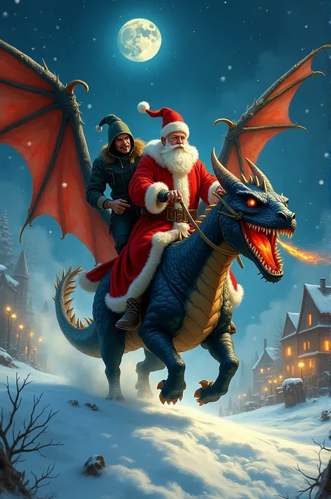 Le saint Nicolas chevauchant un dragon furieux de Noël suivi du père Fouettard chevauchant un dragon noir en furie