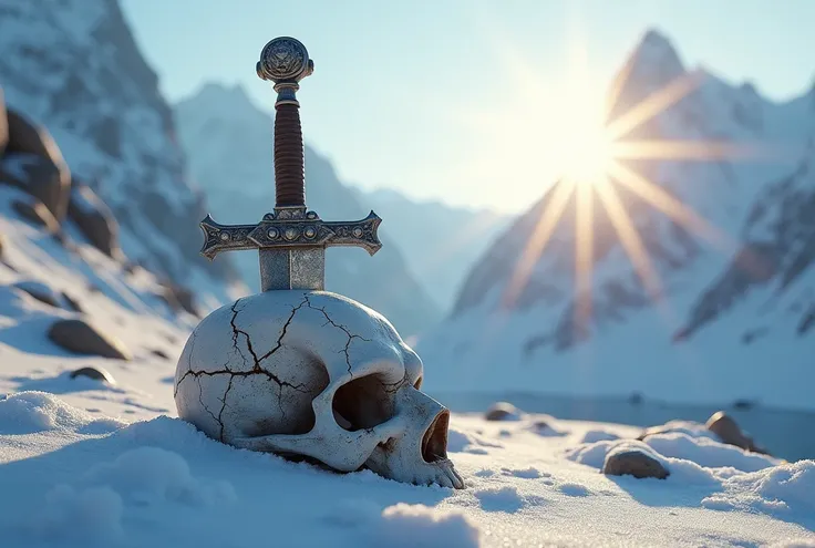 Viking broadsword stuck in a skull, snow, mountains, sun, 