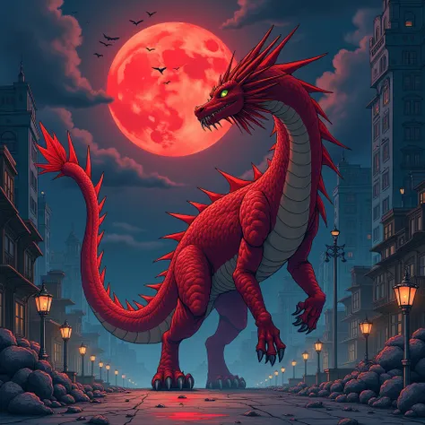 hand drawn illustration of a red dragon monster walking in the middle of the city at night with a red moon,  conceptual art,under the，  anime style  ，Dreamland Wonderland、Fantasy，    masterpiece  ，HD，colorful， detailed details 