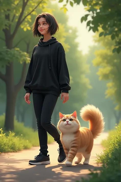 A  dressed in black casual and walking along with a very friendly angora cat walking together 