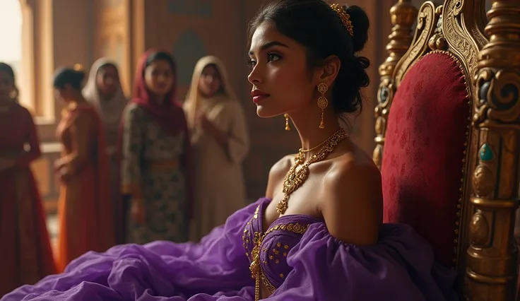 Princess Megha was exceptionally beautiful and intelligent from hood, but her beauty and intellect filled her with pride. Princess Megha.. wearing purple long dress, gold jewellery, sitting in throne, show her side poses, everybody watching her beauty, we ...