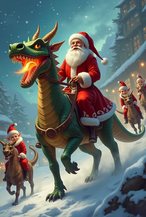 Saint Nicolas riding a furious Christmas dragon surrounded by little Christmas elves who each ride a mini Christmas dragon 