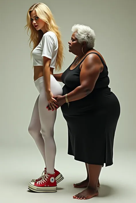 A beautiful looking young woman is wearing only white tights and Chuck Taylor All Star Platform white and high on her feet and she is wearing a short white shirt and she has blond and long hair and there is a 90 year old elderly dark skinned obese woman wh...