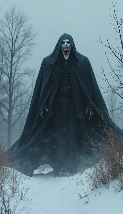 A photorealistic image of a large ferocious-looking vampire with sharp teeth wearing black coat laying helpless through a snowy landscape