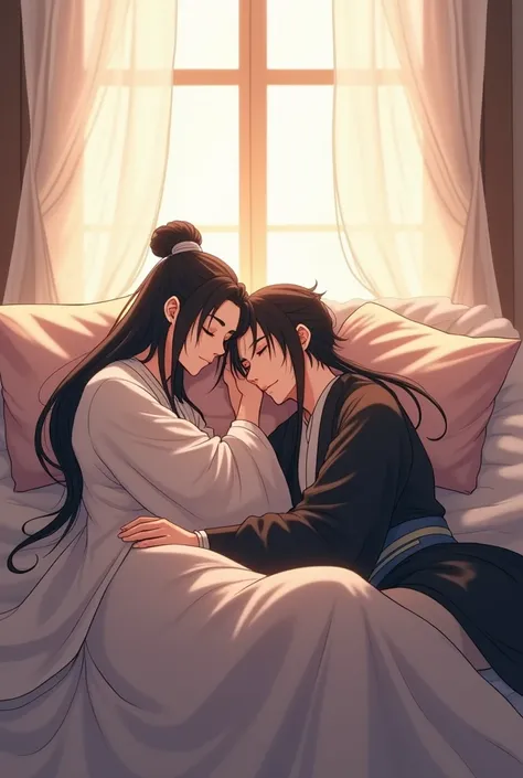 Wei Wuxian and Lan Wanji cuddle together and sleep in a bed anime