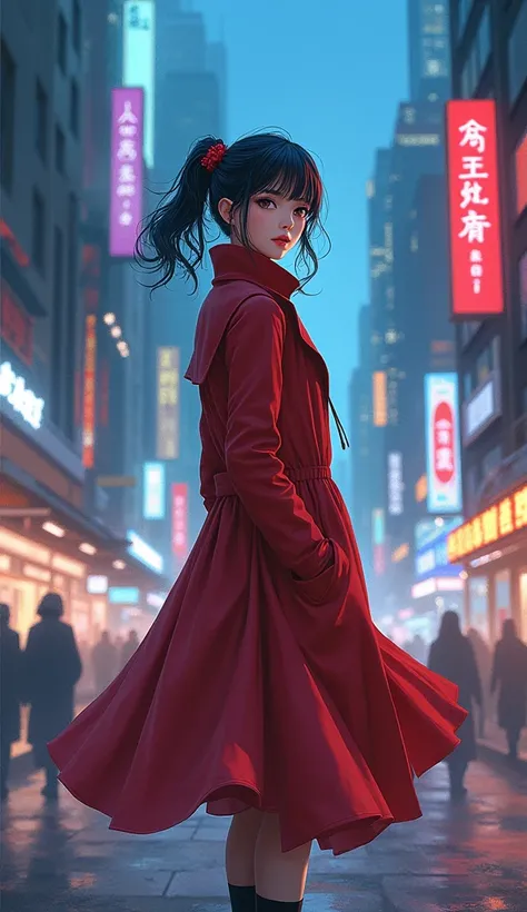 a painting of a woman in a long coat standing in a city, beautiful character painting, anime girl wearing a black dress, cute anime waifu in a nice dress, inspired by Yanjun Cheng, made with anime painter studio, beautiful anime artwork, in the style of ro...