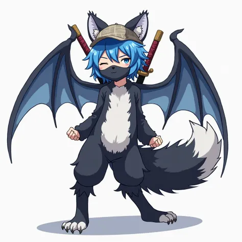 anime, teenager, blue hair boy , white cat ears ,  white wolf tail ,  black bear mouth cover , newspaper hat  , black hairy body,white chest, katanas on the back, dragon wings, Winking left eye
