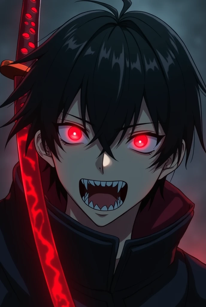 Create a male anime character with empty red eyes , Her katana is blood red with black , Are your teeth pointy , your hair is black , Your hair isnt long , Make him dark , Show pointy teeth 