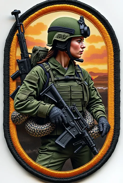 a unit logo patch for ISRAEL IDF army unit  with symbols of paratrooper woman over a hammer transportation vehicle with a snake and machine gun mounted on the vehicle