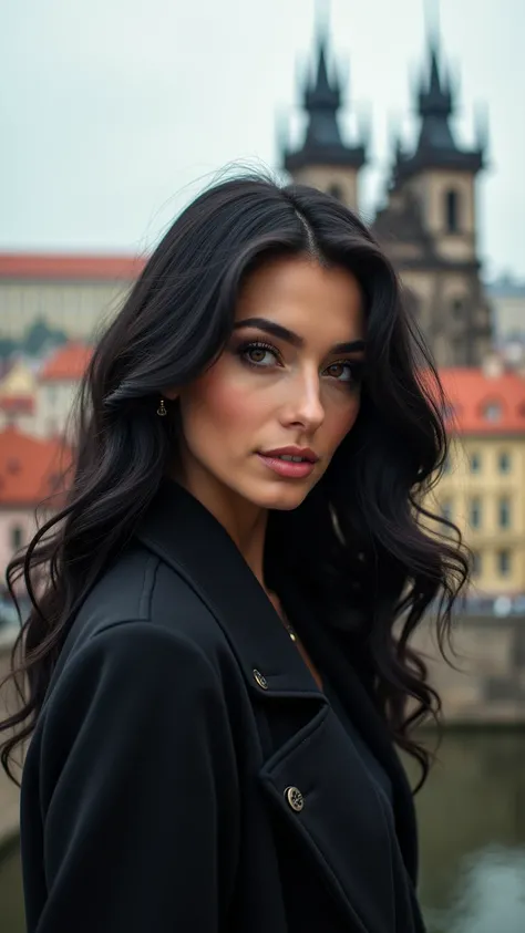 black hair woman posing in different tourist spots in Prague