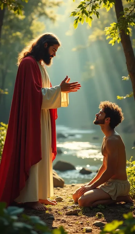 "In a clearing illuminated by a soft light, a "Jesus Christ" man with long hair and a beard, dressed in a white tunic and a red cloak, stands, gesturing with compassion and wisdom. Before him, a young man with curly hair and half-naked body kneels in an at...